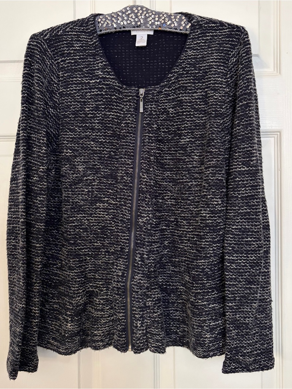 Chico's Navy & White Marled Zip Cardigan Sweater Size 2 , Large